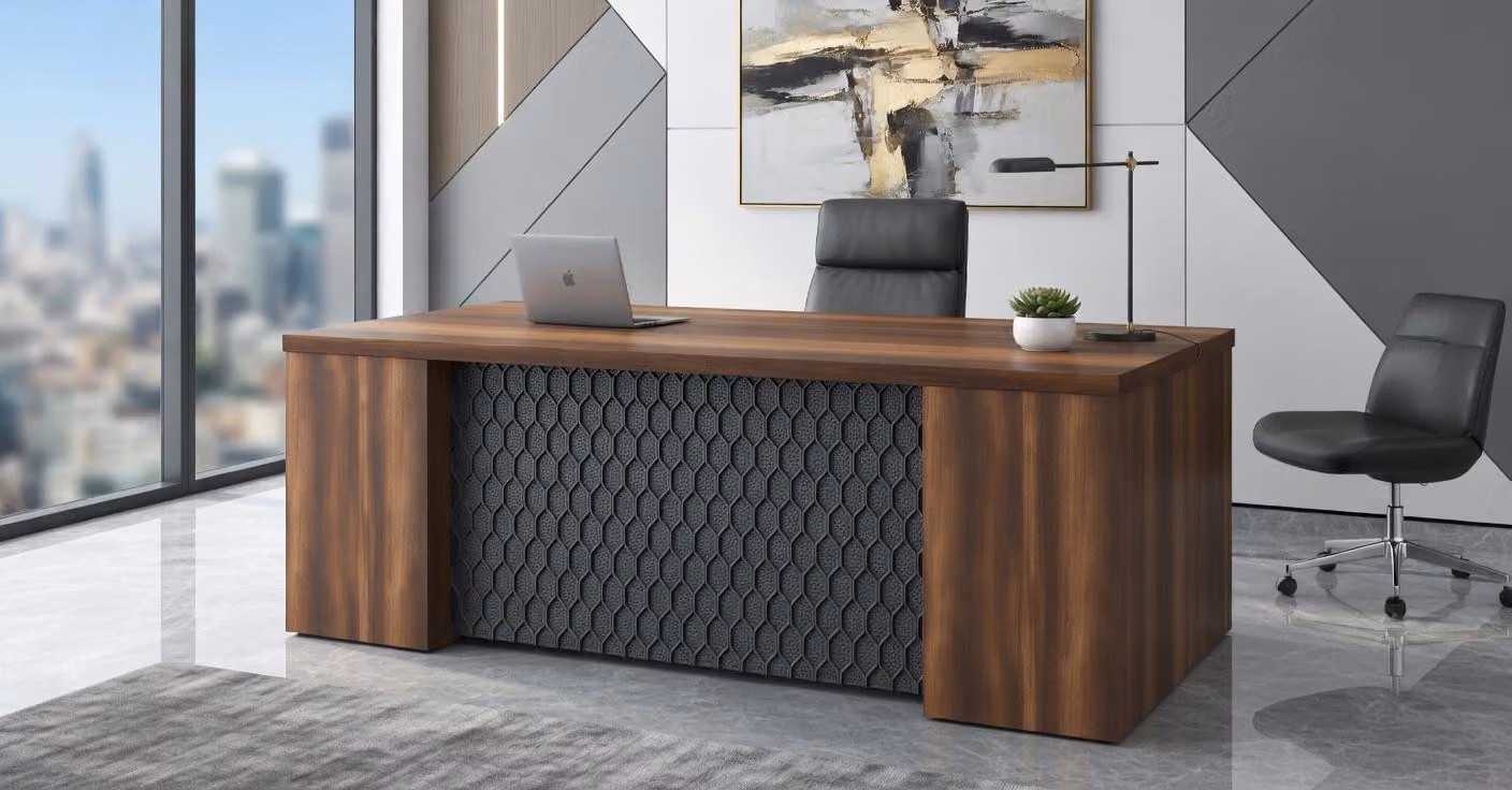 Scrivania moderna con fronte decorativa in legno e metallo