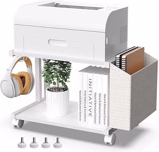 Stand per stampante a due livelli in legno con tasca di stoccaggio per ufficio, casa, studio, organizzatore, stampante, tavolo, mobile, carrello con ruote rotodirezionali
