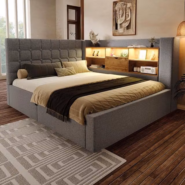 Letto imbottito-Xylo-140x190cm LED idraulico testiera a L lino grigio senza materasso