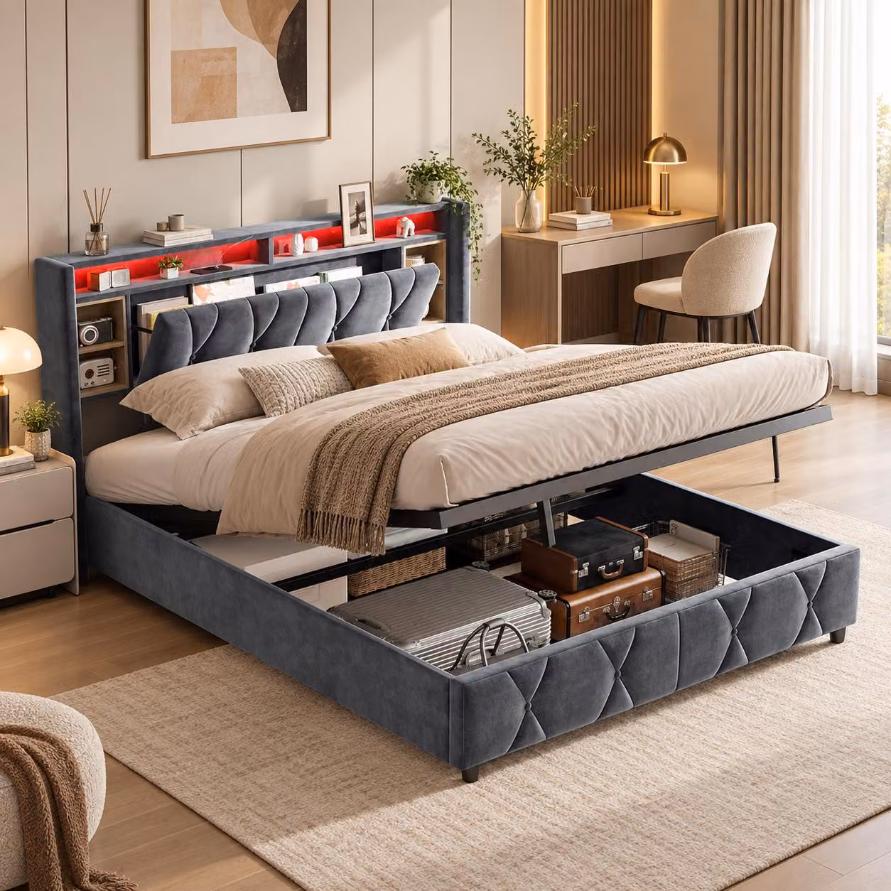 Letto imbottito INONEFT, 160x200 cm, con LED e USB, contenitore con sistema idraulico, letto matrimoniale per ragazzi con testiera imbottita e spazio contenitivo, in velluto, colore grigio