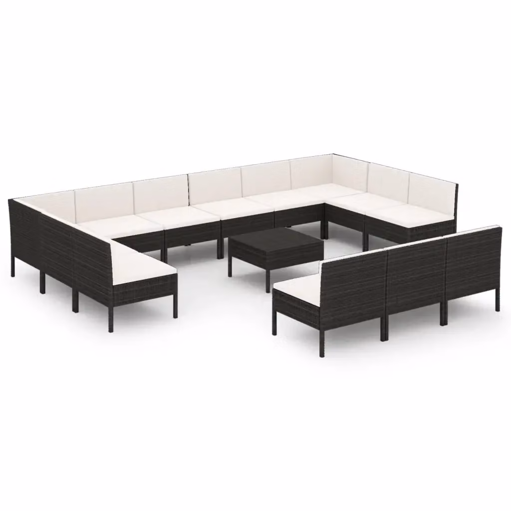 Set di divani da giardino a forma di U vidaXL con cuscini e tavolino da caffè, struttura in metallo nero e rattan bianco – 2