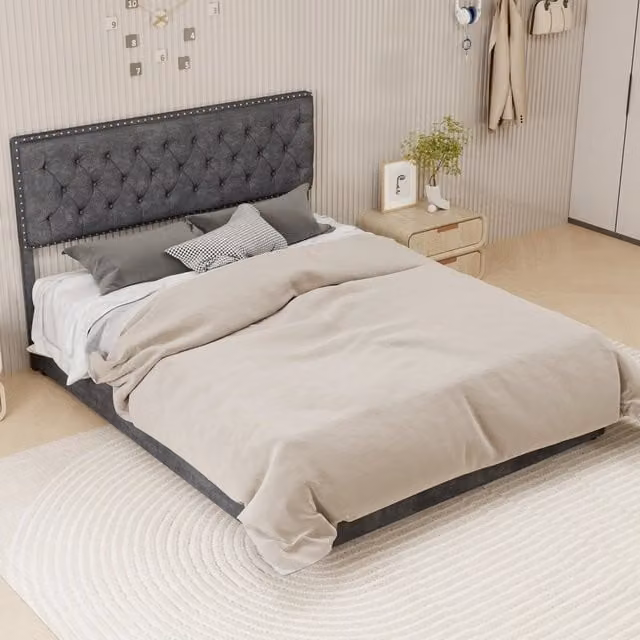 Letto imbottito OKWISH moderno in tessuto grigio con contenitore, L/P: 160 x 200 cm