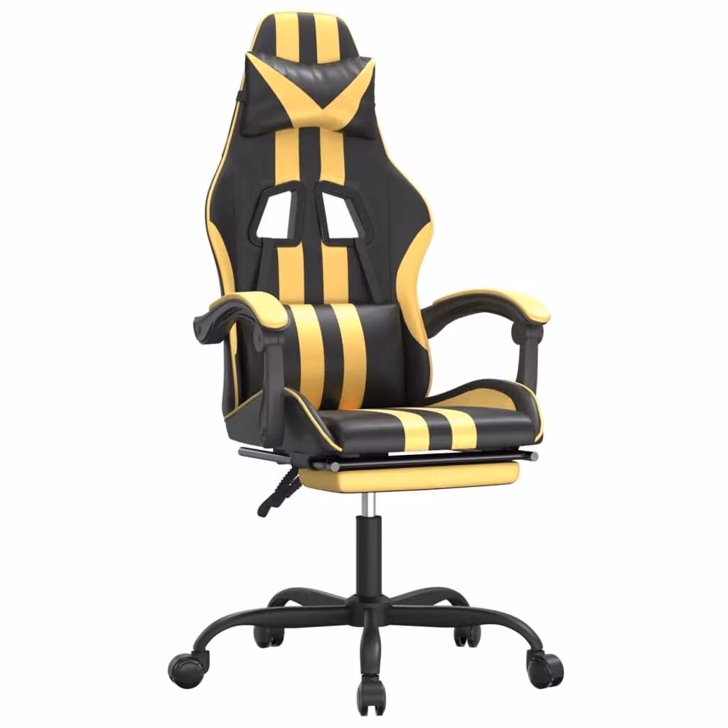 Sedia da Gaming con Poggiapiedi Nero e Oro in Pelle finta