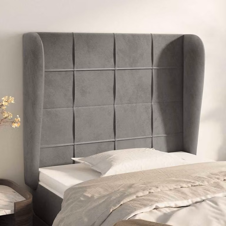 Testiera ad orecchio vidaXL in velluto grigio chiaro con struttura in legno L: 83 cm, P: 23 cm, H: 118-128 cm
