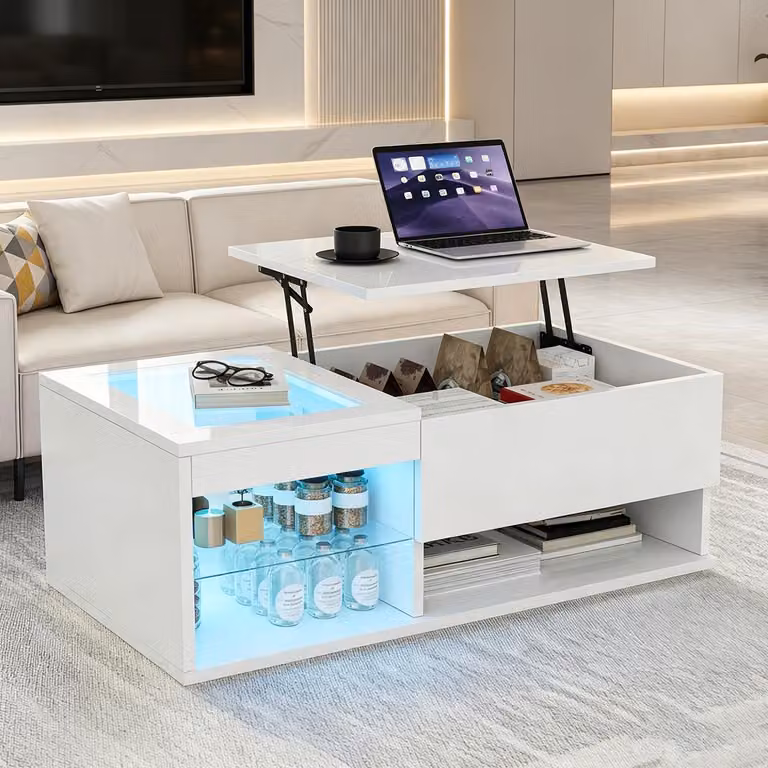 Tavolino da caffè INONEFT con spazio contenitivo nascosto, tavolino laterale con LED, tavolino da divano regolabile in altezza, bianco.