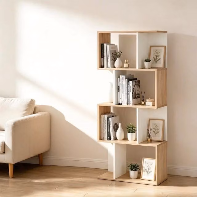 Libreria moderna OKWISH con ripiani aperti in legno e MDF, colore bianco o beige, L: 60 cm, P: 24 cm, H: 148 cm