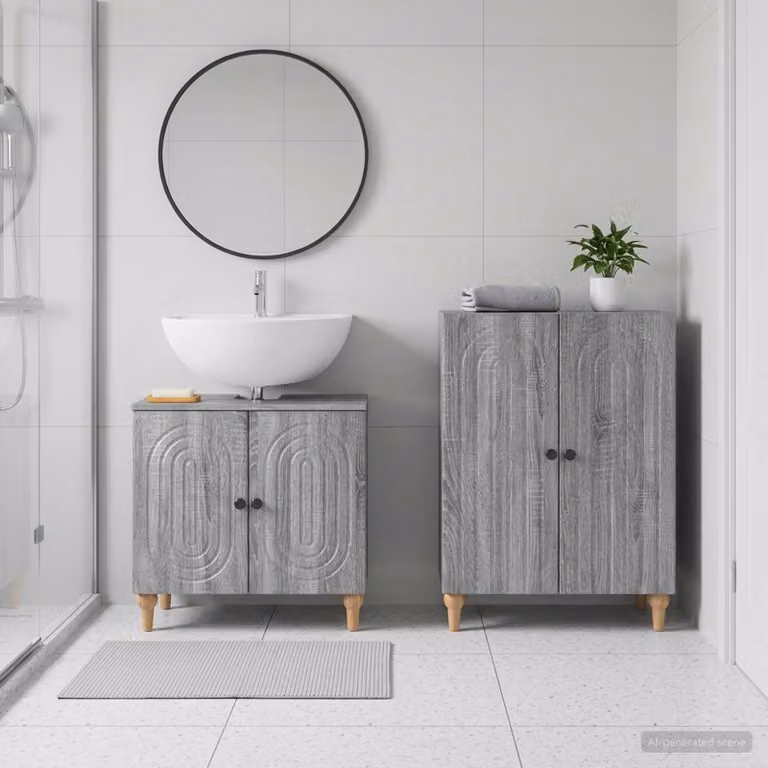 Set di mobili da bagno vidaXL ALKMAAR composto da 2 pezzi, mobile lavabo e mobile contenitore, colore grigio Sonoma, design moderno con ante a cerniera e ripiani interni, struttura autoportante in MDF