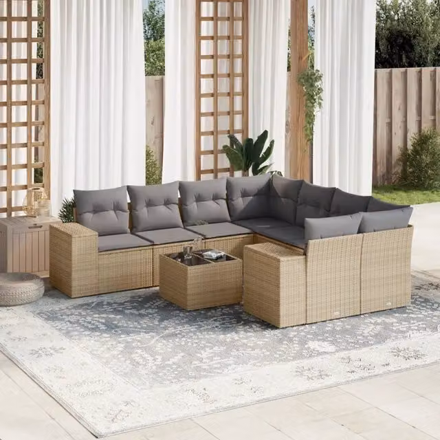 Set Divano da Giardino 9 pz con Cuscini Beige in Polyrattan 3222358