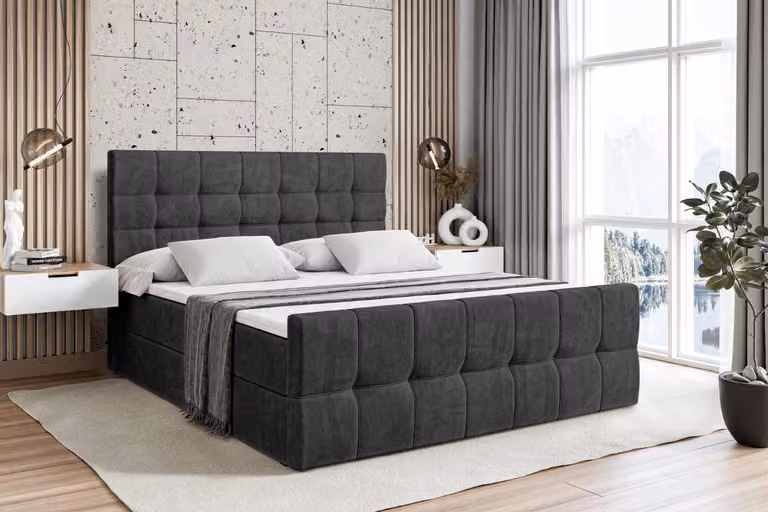 Letto boxspring ALTDECOR con materasso e rete a doghe - - BERO -Z - 120x200 cm - Velluto nero - Letto boxspring, pediera, topper, letto imbottito con contenitore, letto con contenitore H4 - Materasso, letto matrimoniale, letto boxspring