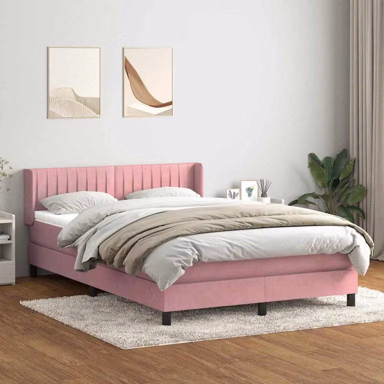 vidaXL Giroletto a Molle con Materasso Ibrido in Velluto Rosa e Bianco L: 147 cm, P: 213 cm, H: 88 cm