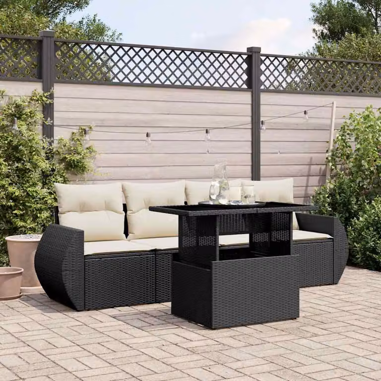 Set Divani da Giardino vidaXL 5 Pezzi con Cuscini e Tavolino in Polyrattan Nero e Acciaio