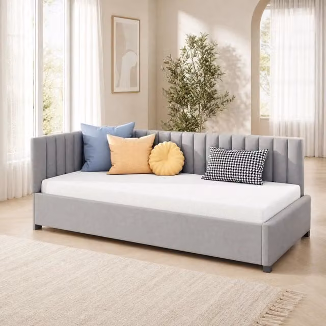 Letto singolo imbottito 90 × 200 cm in velluto grigio con rete a doghe e schienale reversibile