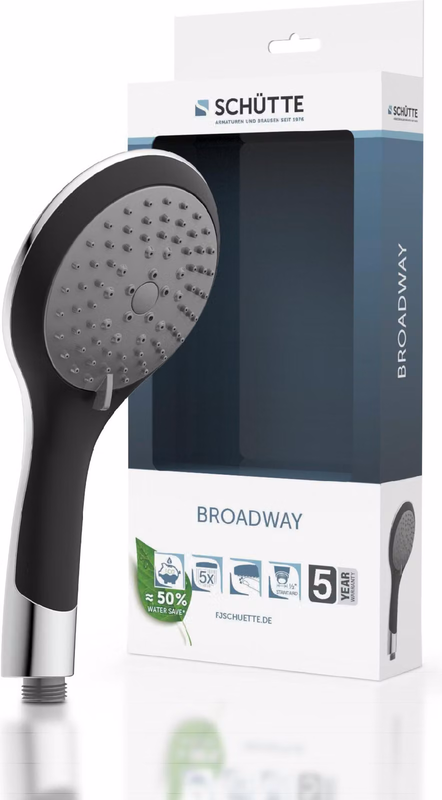 SCHÜTTE, soffione manuale BROADWAY per un'esperienza di doccia ottimale. Soffione per doccia con 5 diverse modalità di getto, finitura cromata/nera