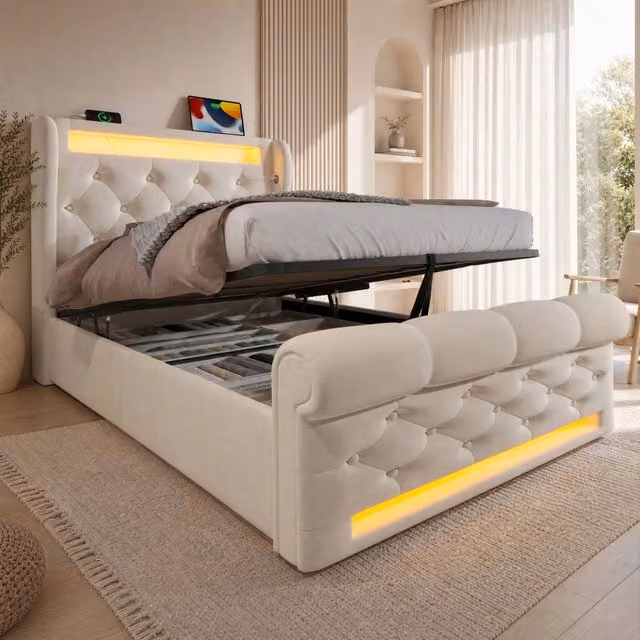 Letto contenitore REDOM in velluto beige con materasso, illuminazione LED e porte USB e Type-C, L/P: 90 x 200 cm
