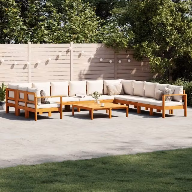 Set Divano da Giardino a Forma di U vidaXL in Legno di Acacia con 9 Pezzi e Cuscini Beige e Bianchi