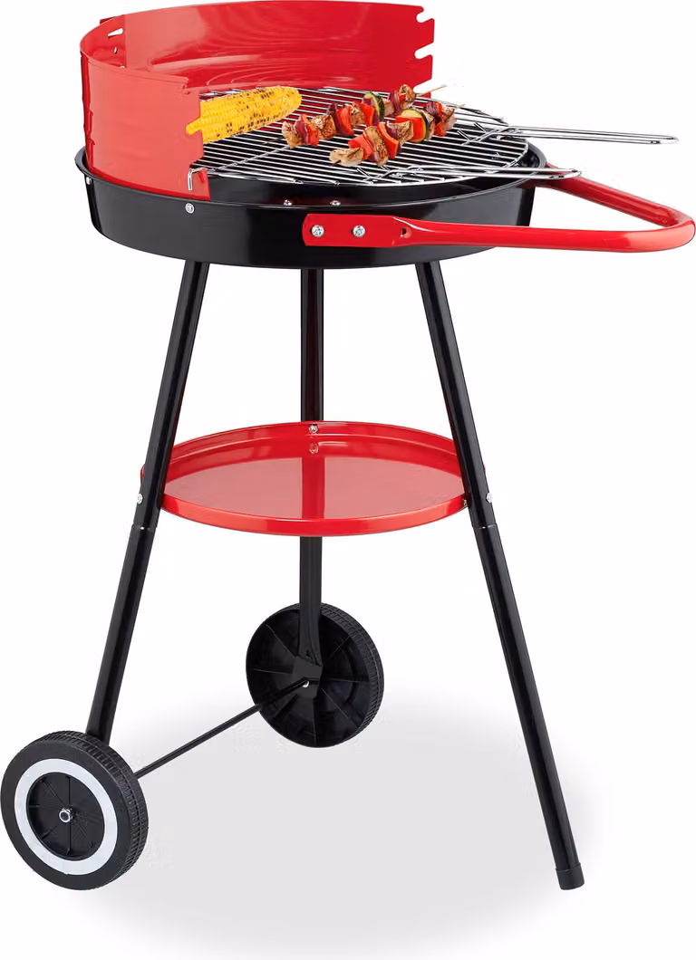 Barbecue a carbonella Relaxdays con rotelle, Ø 42 cm, barbecue da picnic per giardino e parco, barbecue, paravento, barbecue rotondo, nero/rosso