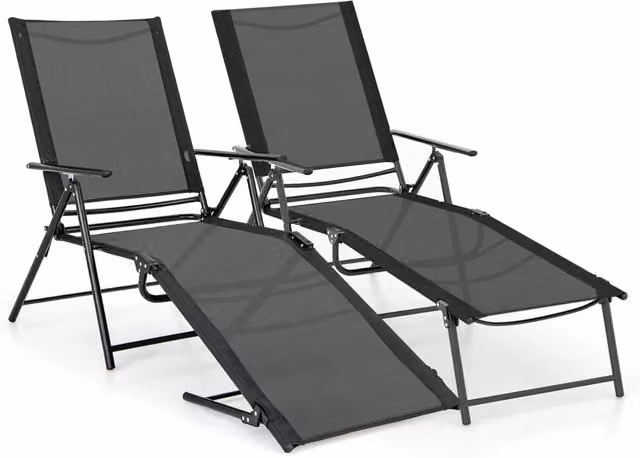 Set di 2 Lettini Prendisole Costway in Metallo e Textilene con Schienale Regolabile, Sdraio Pieghevoli per Giardino e Piscina, Colore Nero