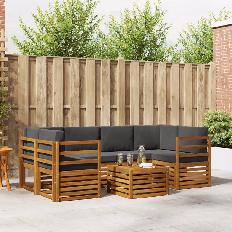 vidaXL Set di divani da esterno moderno a L in legno di acacia con cuscini, 7 pezzi, Antracite e Marrone