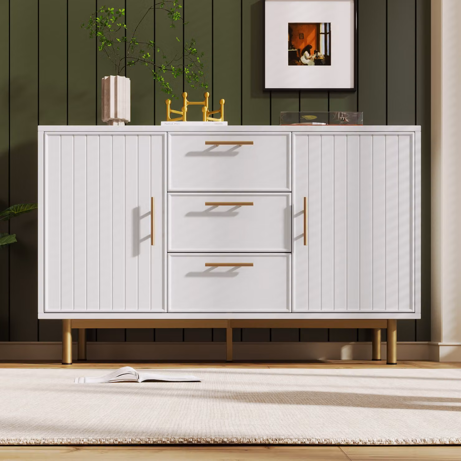 Cassettiera Abrihome con 3 cassetti e 2 ante, credenza con ripiano regolabile, bianco