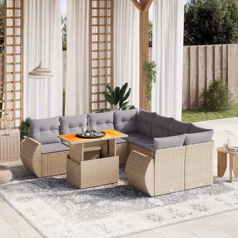 vidaXL Set Divano da Giardino a L 9 pz in Polyrattan con Cuscini Beige e Grigio