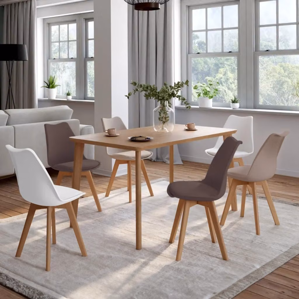 Set di 6 sedie scandinave in tessuto e legno, colori beige e bianco, per cucina e ufficio – 2