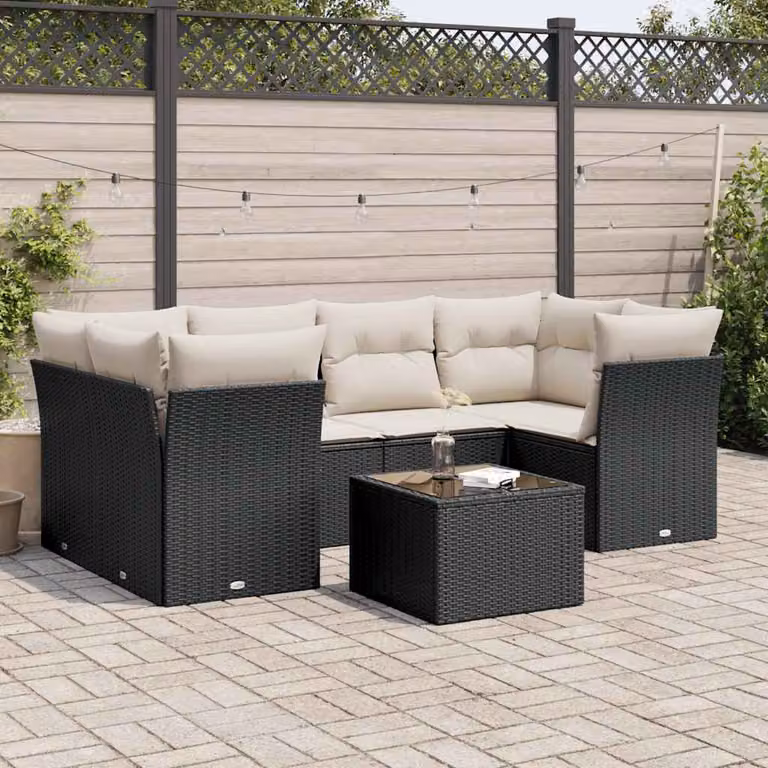vidaXL Set Divani da Giardino a L con Cuscini 7pz in Polyrattan Nero