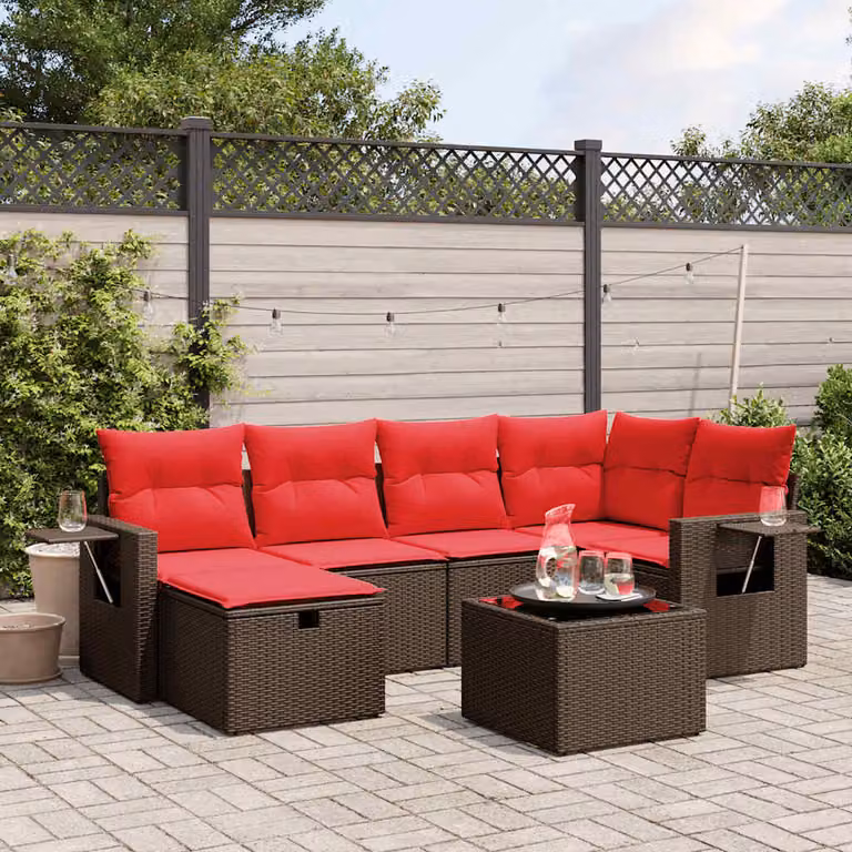 Set Divani da Giardino vidaXL 7 Pezzi in Polyrattan Marrone con Cuscini e Tavolino