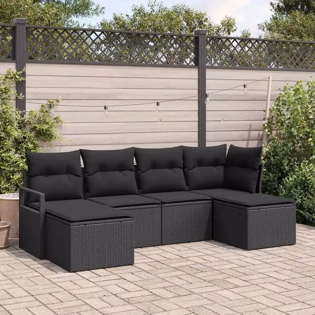 Set di divani da giardino vidaXL a forma di L composto da 6 pezzi in rattan nero con struttura in acciaio e cuscini inclusi – 1