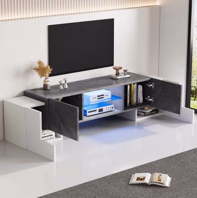 Mobile TV 180x40x46.5 cm con LED e ripiani regolabili in MDF bianco e grigio