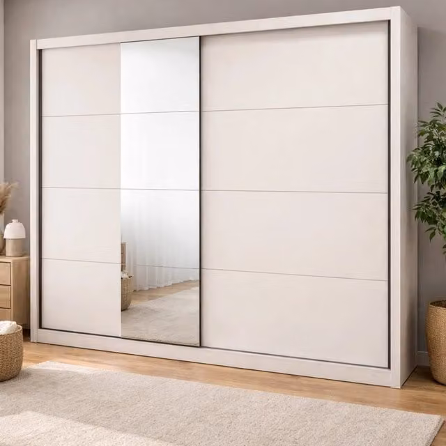 Armadio da camera da letto moderno DMORA con ante scorrevoli e specchio, Bianco Beige, L: 251 cm, H: 215.5 cm