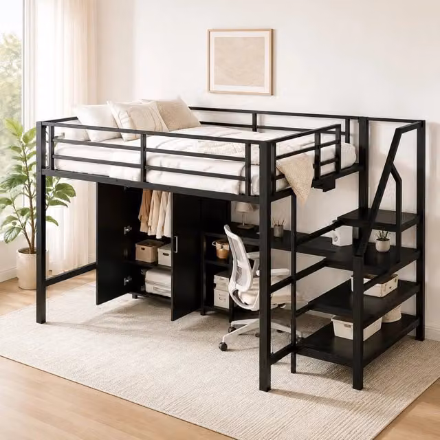 Letto a soppalco Mivray nero con armadio, scrivania, ripiani e scala contenitore in metallo e MDF, L/P/H: 200 x 140 x 255 cm
