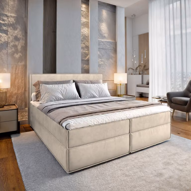Letto a molle Masseno PELLIO 160x200 cm completo di materasso e topper Bonell, letto imbottito con cassettiera - crema, MONOLITH 04