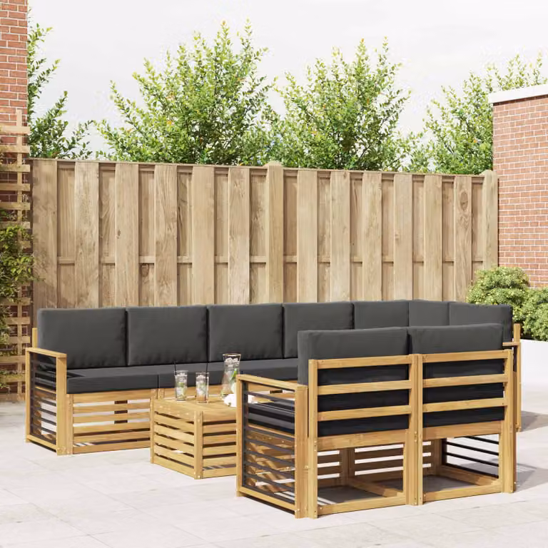vidaXL Set di divani da esterno moderno a L composto da 9 pezzi con tavolo da caffè, struttura in legno di acacia e cuscini in poliestere resistente ai raggi UV, colori bianco e antracite