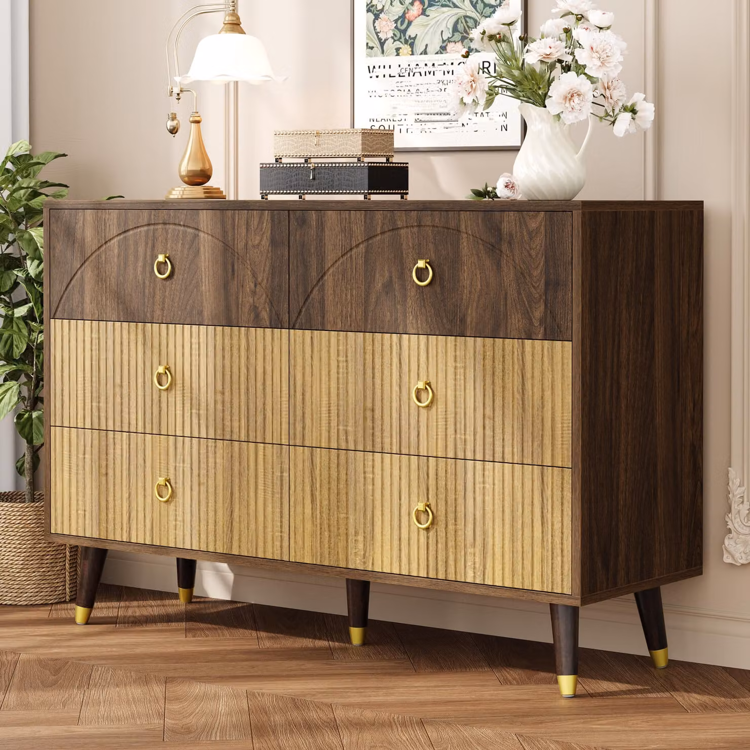 Merax Cassettiera moderna con 6 cassetti, credenza con look legno bicolore e maniglie dorate, mobile contenitore per soggiorno e corridoio