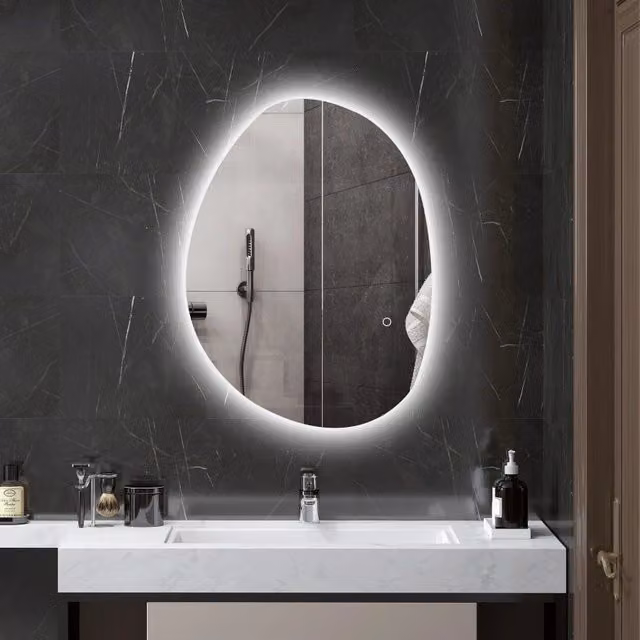 Specchio Asimmetrico REDOM Argento con LED e Touch Switch, L: 70 cm, H: 50 cm