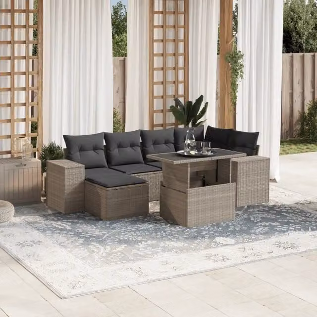 Set da giardino moderno vidaXL composto da 7 pezzi con cuscini antracite e grigio in rattan e metallo per esterno – 1