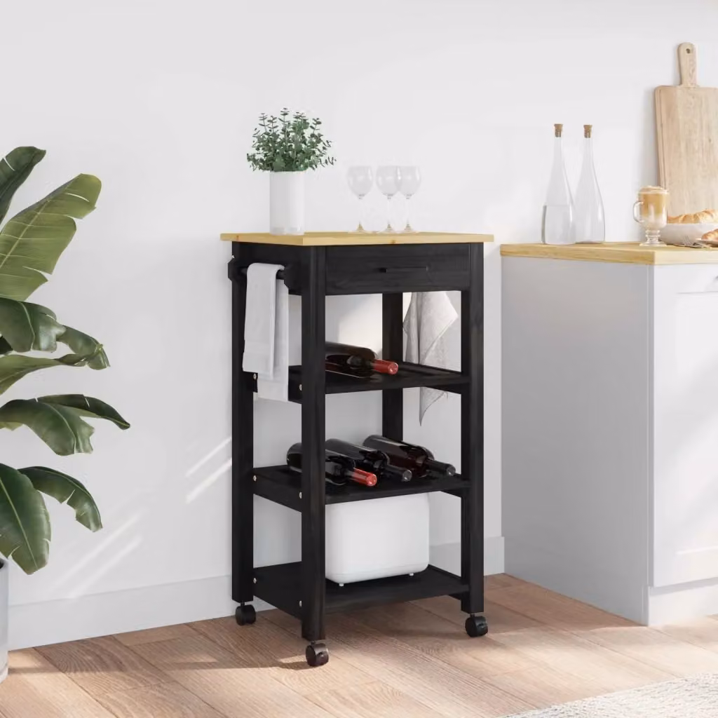 Carrello da cucina moderno MONZA nero con ripiani in legno di pino e ruote L/P/H: 48 x 40 x 88,5 cm – 2