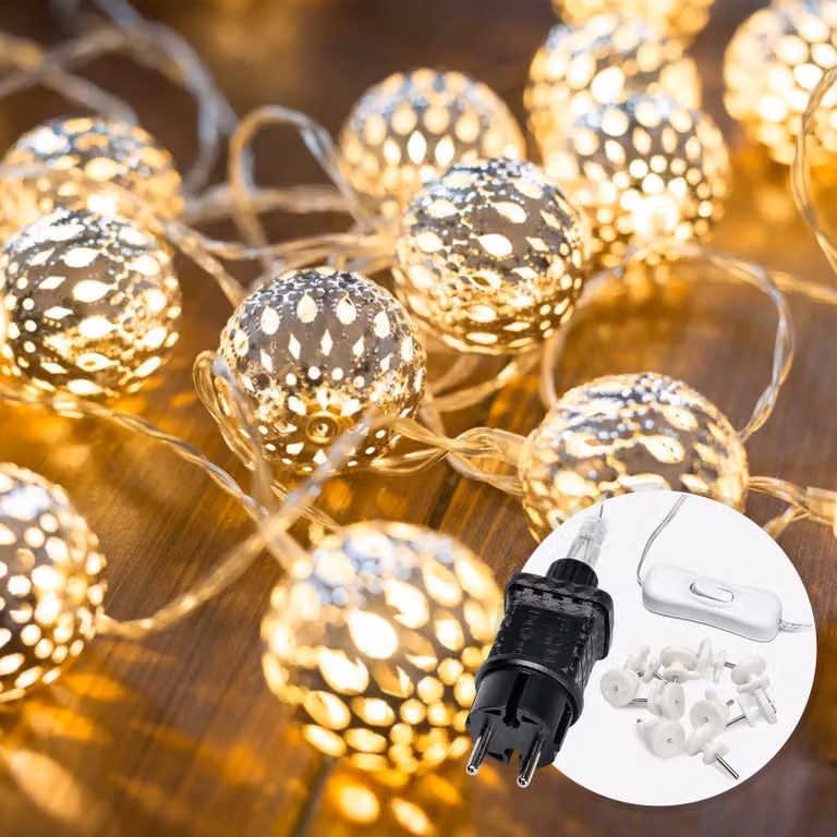 Catena luminosa a LED, 7 metri, 20 sfere bianco caldo, colore argento, con spina