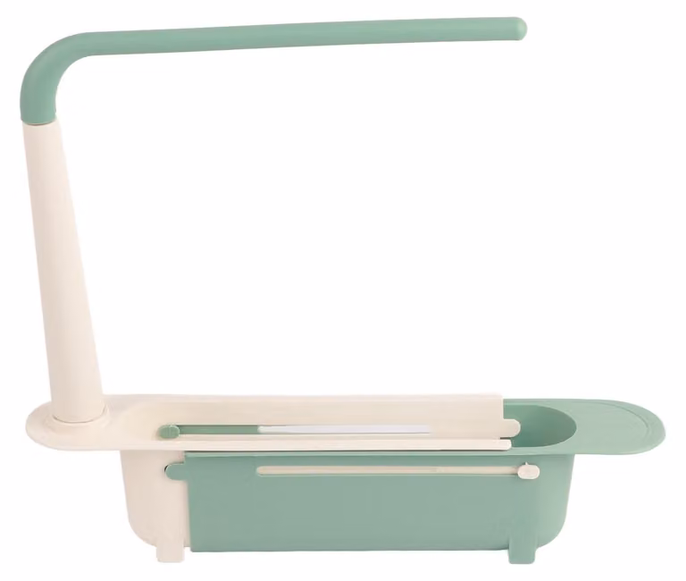 Ripiano portaoggetti per lavello a scomparsa, lunghezza regolabile, grande capacità, in PP, organizer espandibile per lavelli da cucina, colore verde