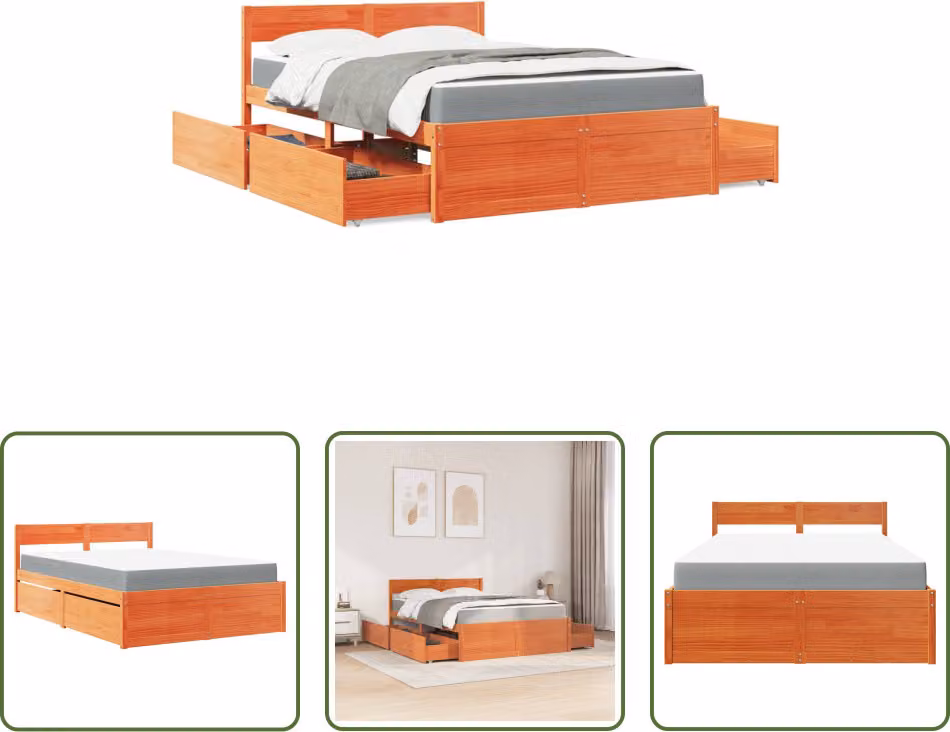 The Living Store Letto con cassetti e materasso marrone cera 140x190 in legno massiccio