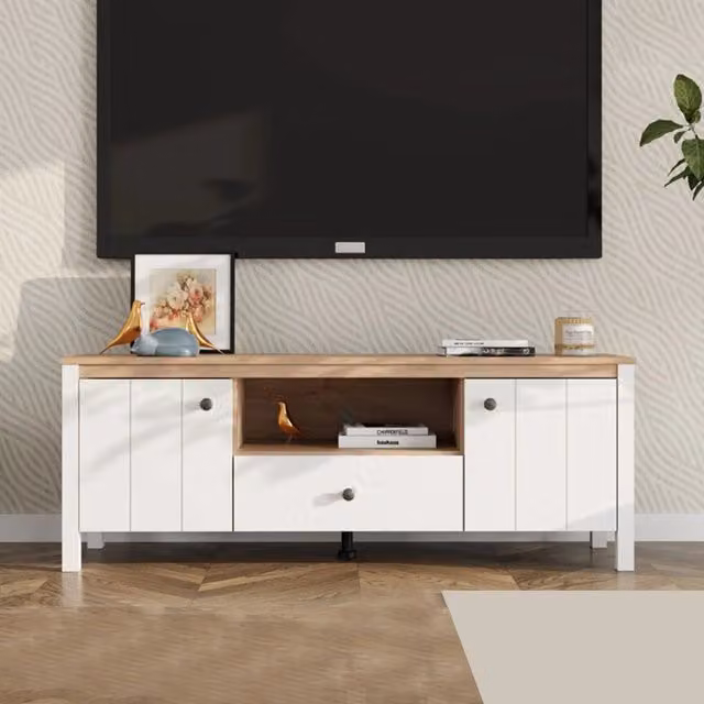 Mobile porta TV Sampe DMORA con un cassetto, design moderno, Bianco Opaco e Legno, L 143 cm x P 40 cm x H 53 cm – 1