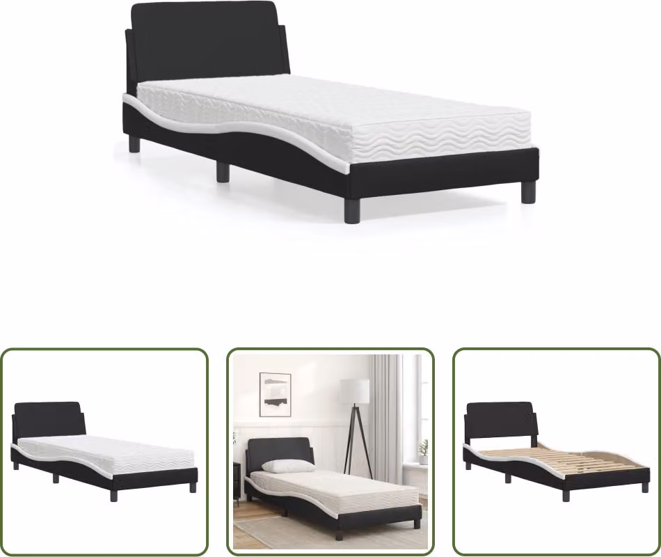 The Living Store Letto con materasso bianco e nero 80x200 cm in ecopelle