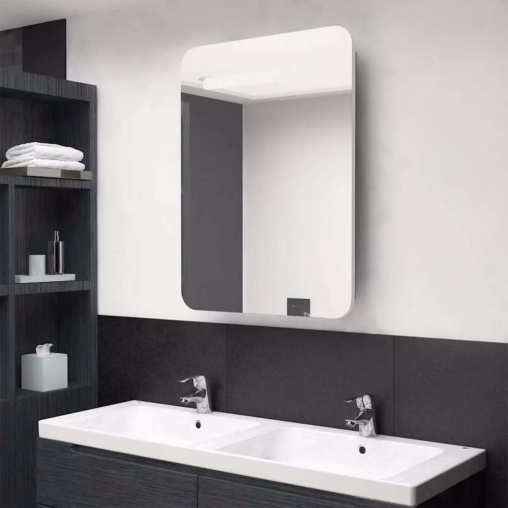 vidaXL Armadietto da Bagno Moderno con Specchio e Illuminazione LED, Bianco e Rovere, L: 60 cm, P: 11 cm, H: 80 cm – 1