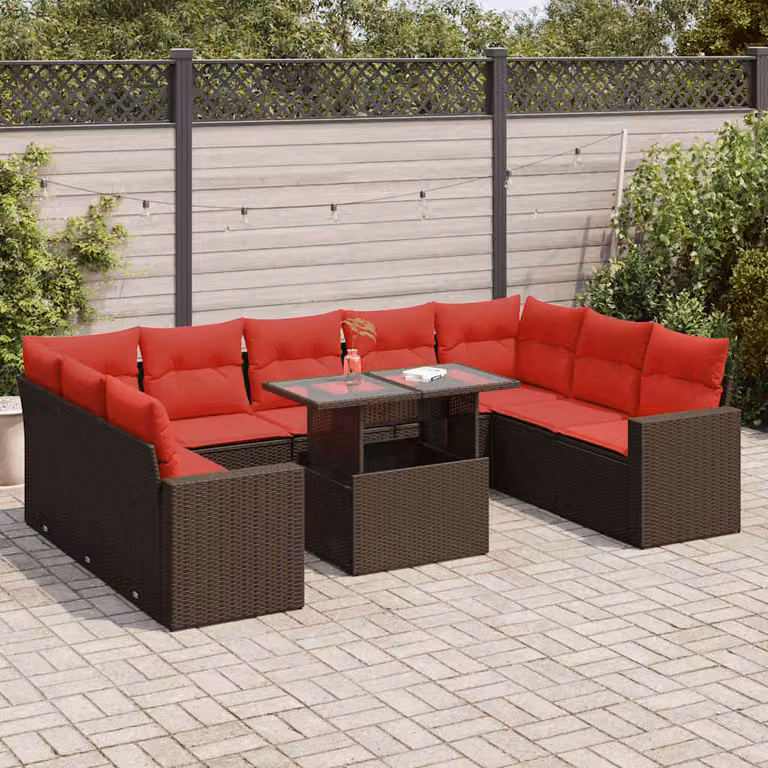 Set di divani da giardino vidaXL 10 pezzi in polyrattan marrone acacia con cuscini e tavolino da caffè