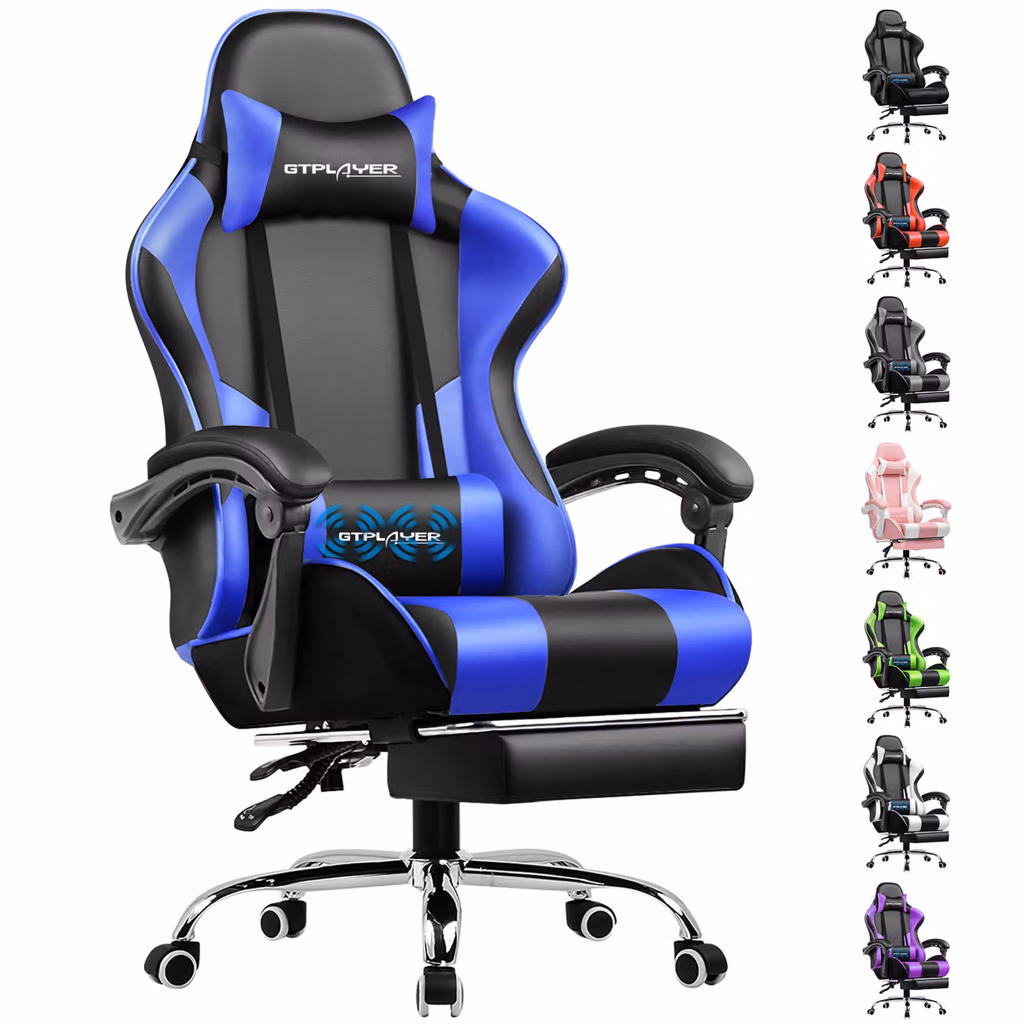 GTPLAYER Sedia da gioco con poggiapiedi e cuscino lombare massaggiante Sedia da ufficio Sedia da gioco Sedia da gioco ergonomica con braccioli di collegamento, caricabile fino a 150 kg BLU
