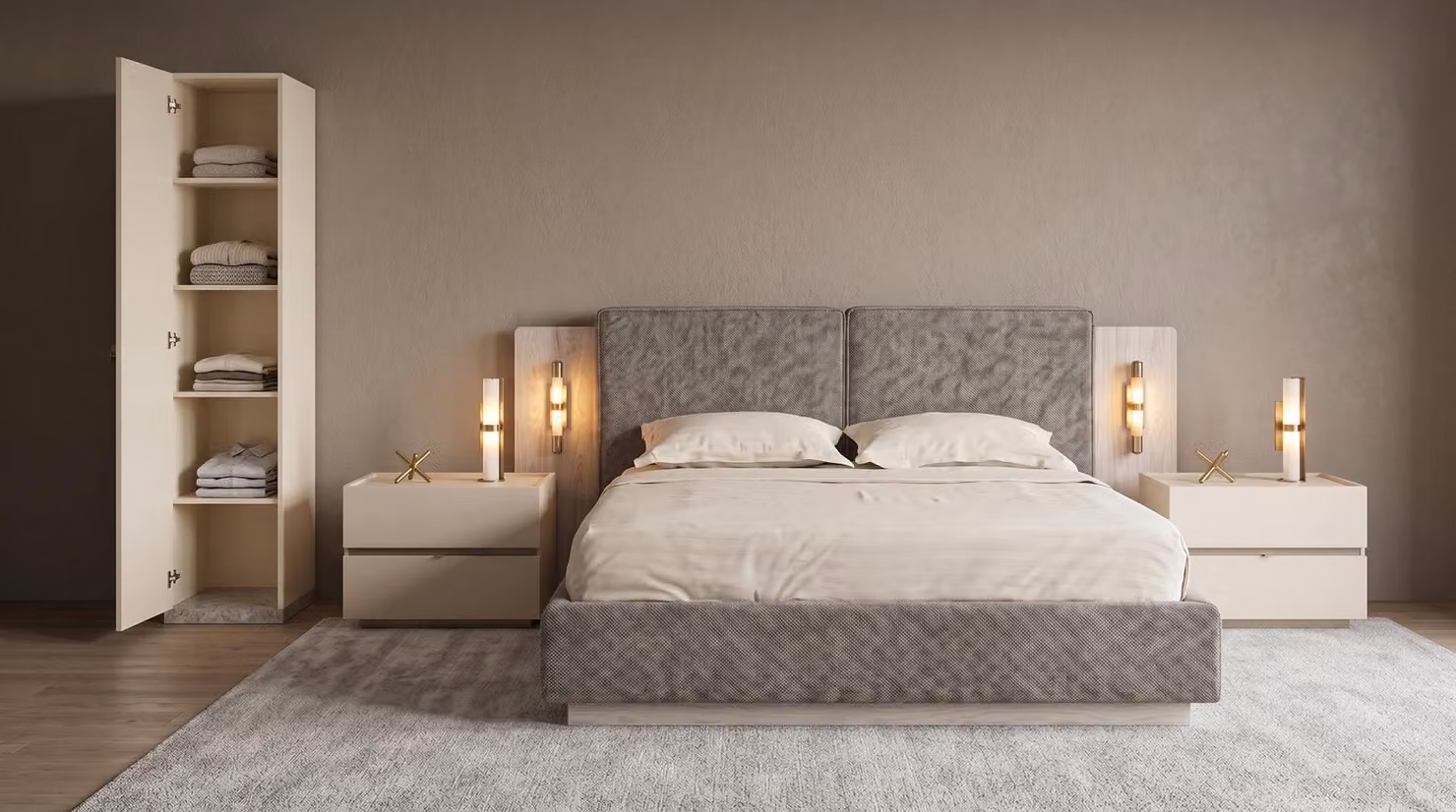Set per camera da letto moderno, grigio, con letto, comodini e armadio. Elegante e confortevole