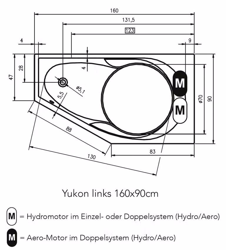 RIHO Yukon Easypool 3.1 Baignoires d'angle, avec commande tactile, à encastrer, 160x90x48cm, 1 place, blanc, B009006005, B009006005