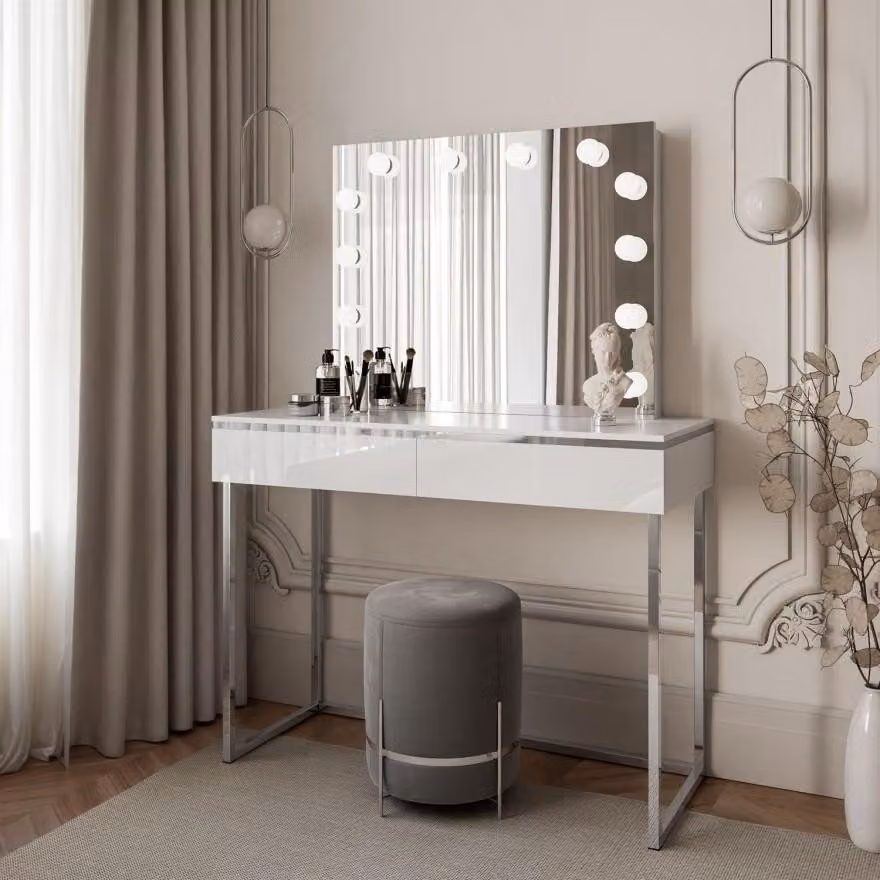 Tavolo da toeletta AURORA SILVER ELITE con specchio bianco lucido