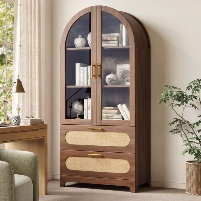 Vetrina Mivray con ante in vetro, 2 cassetti e 3 ripiani regolabili in MDF color marrone, L: 80 cm, P: 40 cm, H: 175 cm