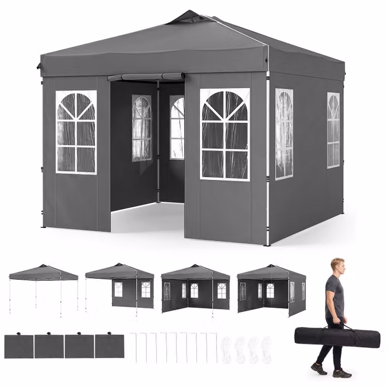 KOMFOTTEU, gazebo pop-up da giardino, dimensioni 3 x 3 metri, con struttura regolabile in altezza e dotato di 4 pareti laterali (grigio)